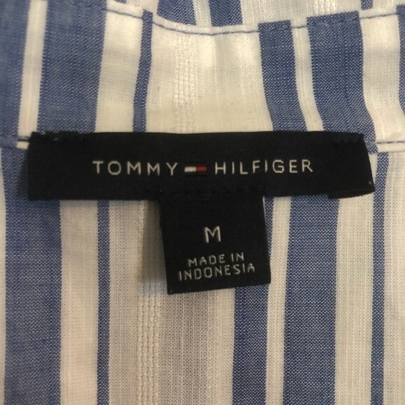 TOMMY HILFIGER Medium Blue White Striped Popover Shirt Roll Tab 3/4 Sleeves - Picture 3 of 7